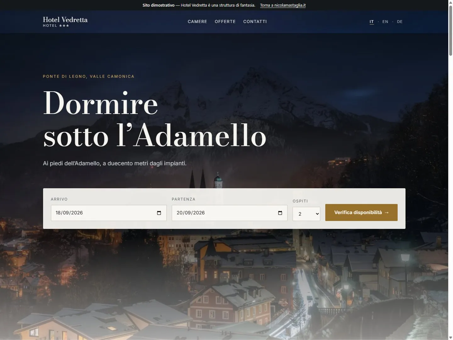 Homepage del sito dimostrativo dell'Hotel Vedretta